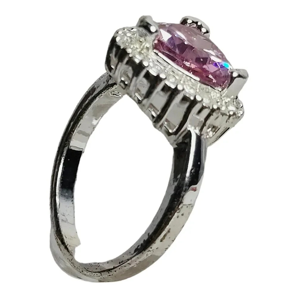 Silver Tone Ring Sz 8 Triangle Cushion‎ Cut CZ Pink Stone Clear CZ Halo Jewelry
